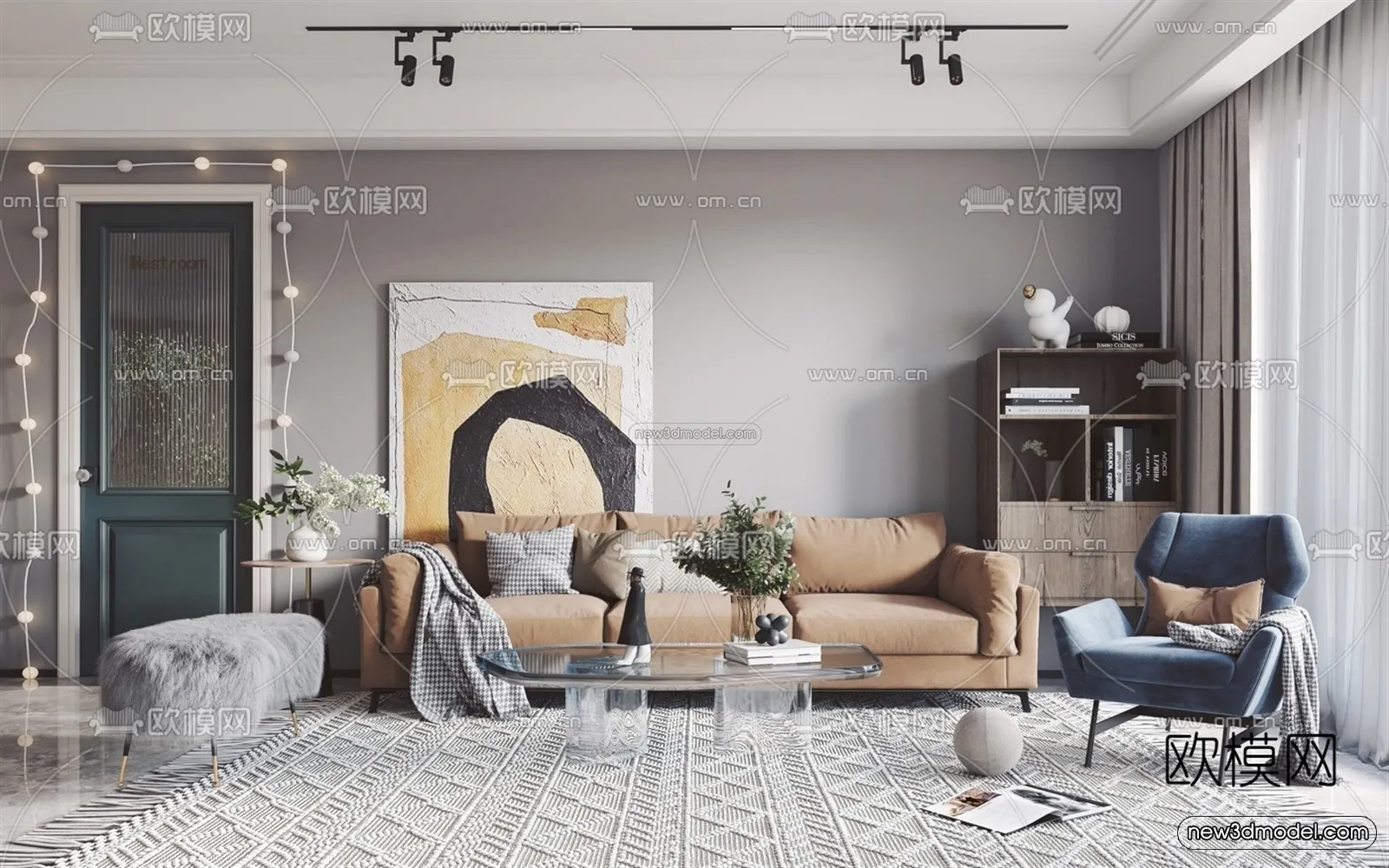 Morandi Style Interior 3D Blocks - Living Room 3D Scene - 074