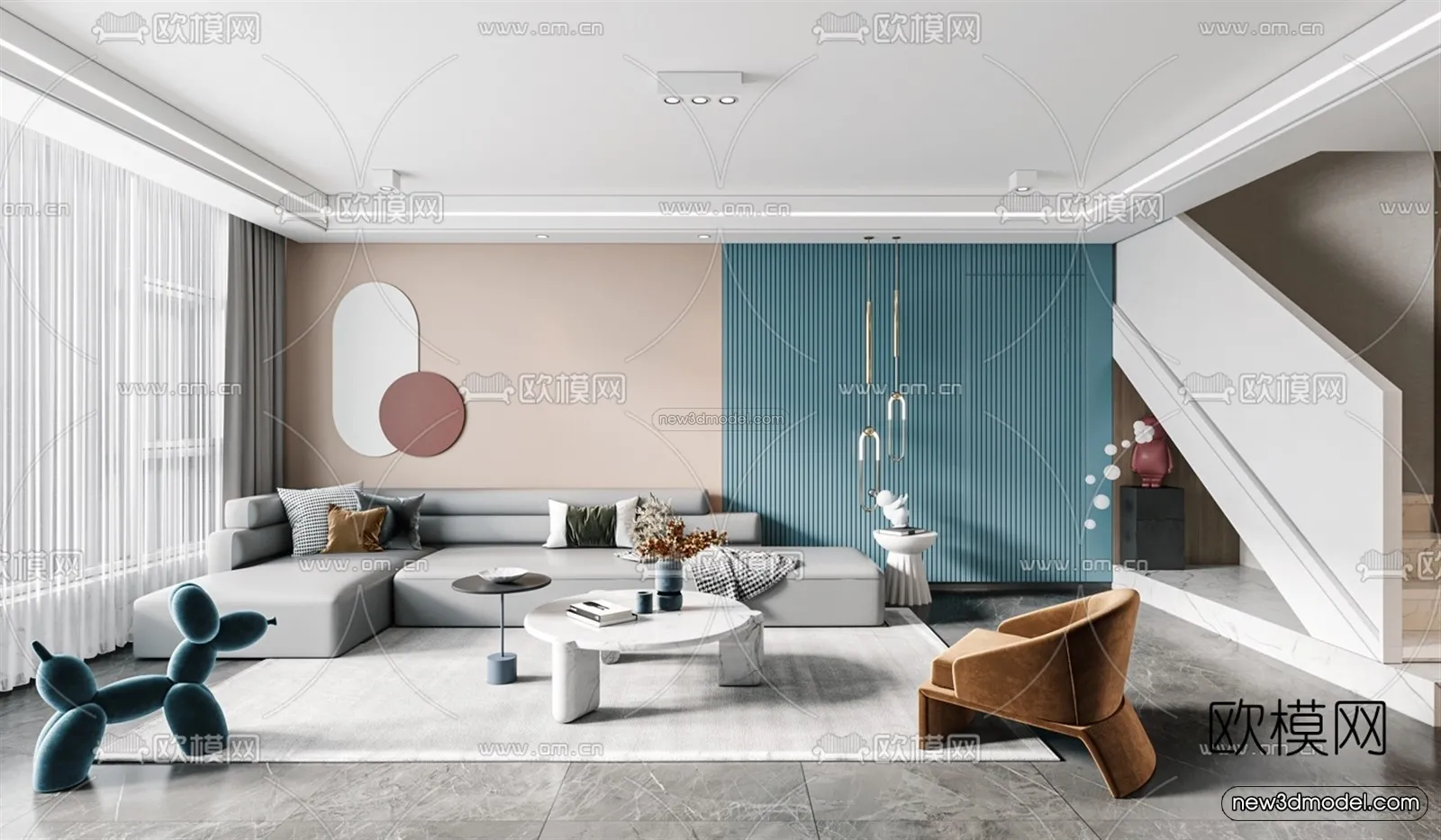 Morandi Style Interior 3D Blocks - Living Room 3D Scene - 083