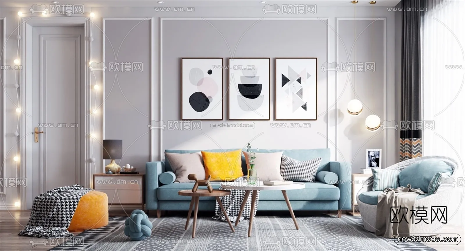 Morandi Style Interior 3D Blocks - Living Room 3D Scene - 088