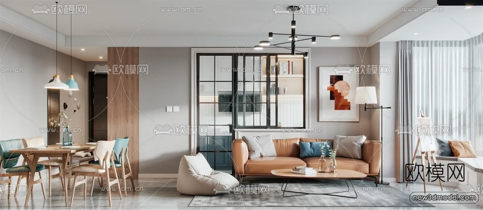 Morandi Style Interior 3D Blocks - Living Room 3D Scene - 097