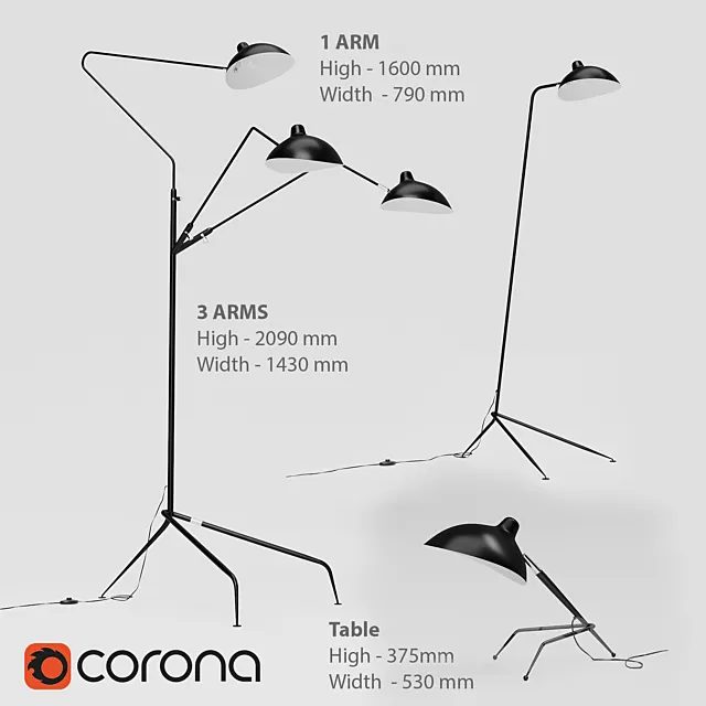Mouille Floor. Table. 1. 3 arms. 3DModel