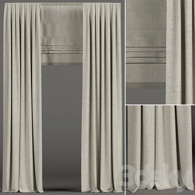 Narrow beige curtains with roman shades. 3D Model