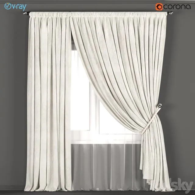 Neutral color curtains made of velvet with a garter on the rope + tulle 3D Model