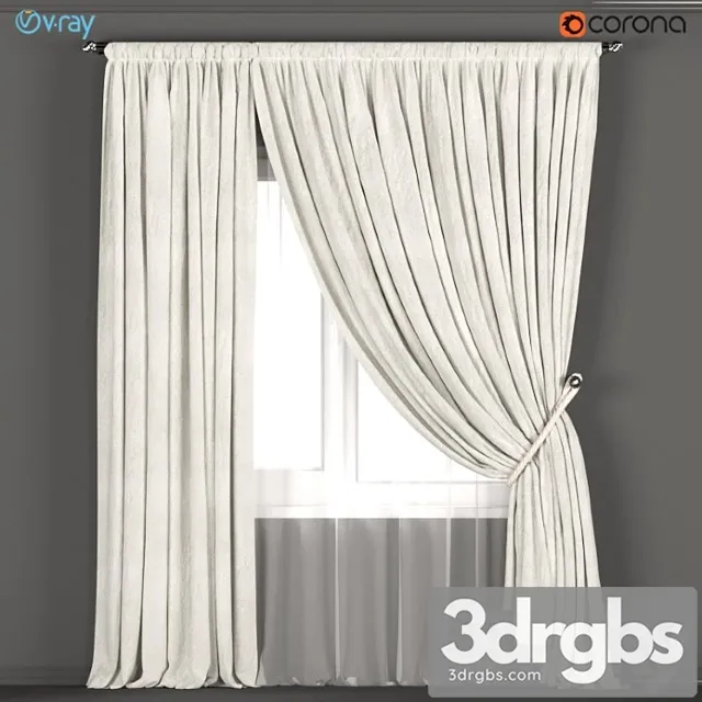 Neutral color curtains made of velvet with a garter on the rope + tulle. 3D Model Free
