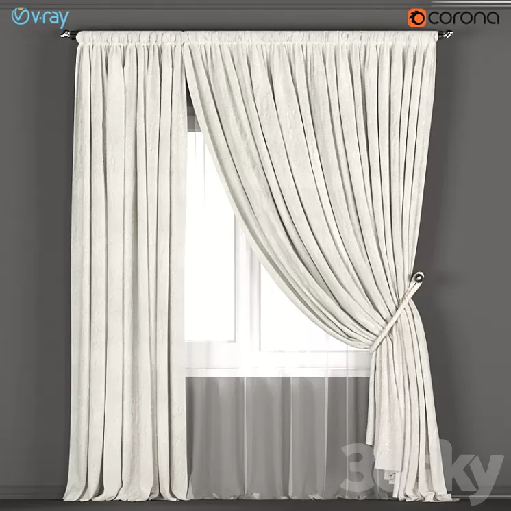 Neutral color curtains made of velvet with a garter on the rope + tulle. 3D Model