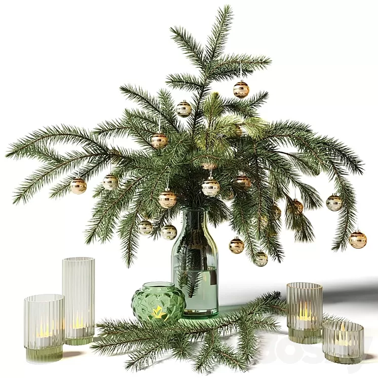 New Year's bouquet of fir branches in a glass vase 3D Model