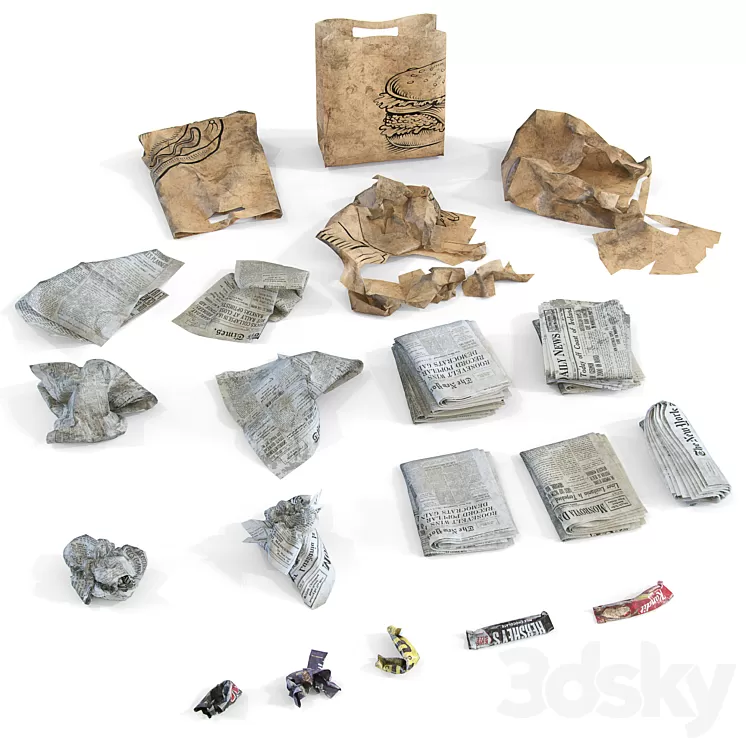Newspaper wrappers and bag 3D Model