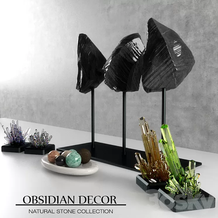 Obsidian Decorative Natural Marble and Crystal Tableware Set 3D Model