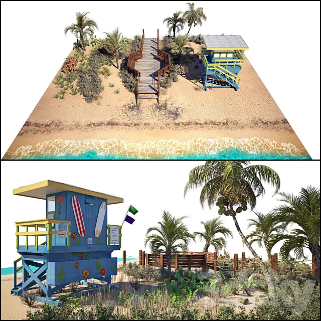 Ocean Beach set and Miami Lifeguard Hut 3DModel
