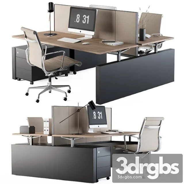 Office Desk Set Cream 1 3D Model Free