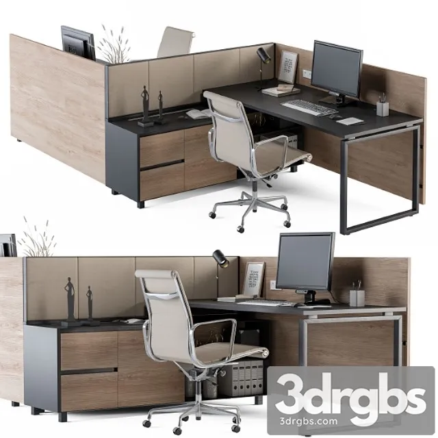 Office Desk Set Cream and Wood 3D Model Free