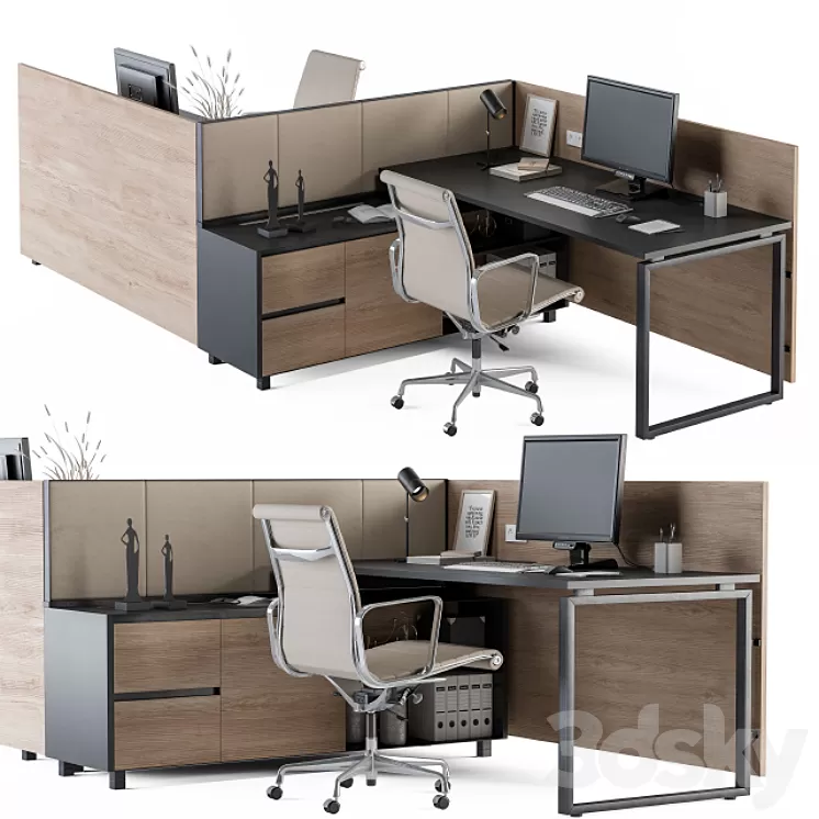 Office Desk Set Cream and Wood 3D Model