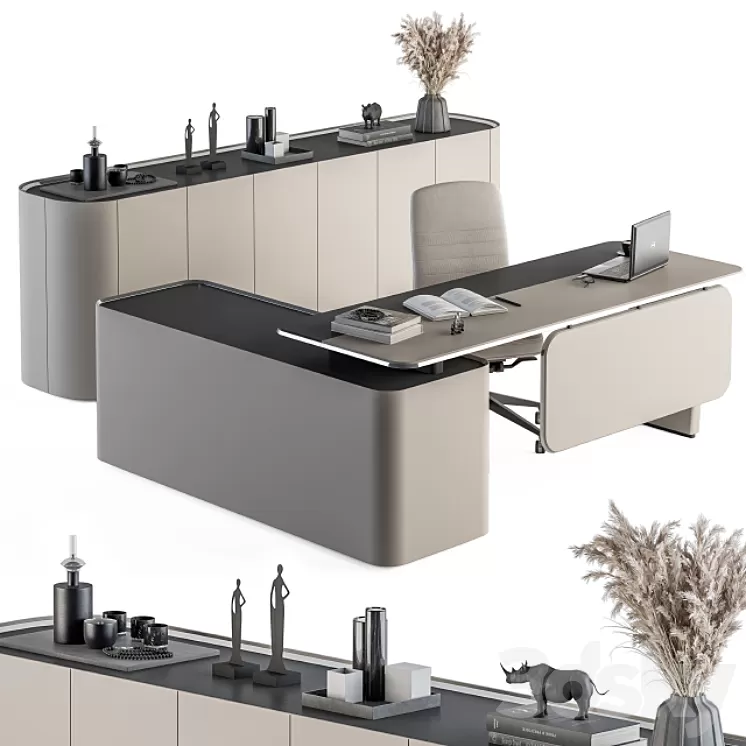 Office Furniture Cream Boss Desk - Manager Set Table 41 3D Model Free
