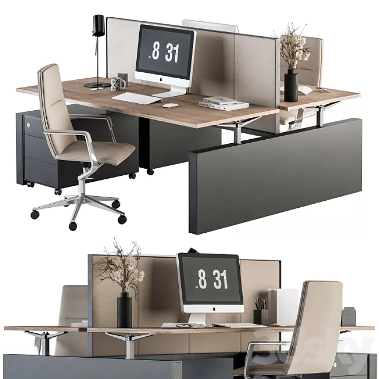 Office Furniture - employee Set Cream and Black 36 3D Model Free