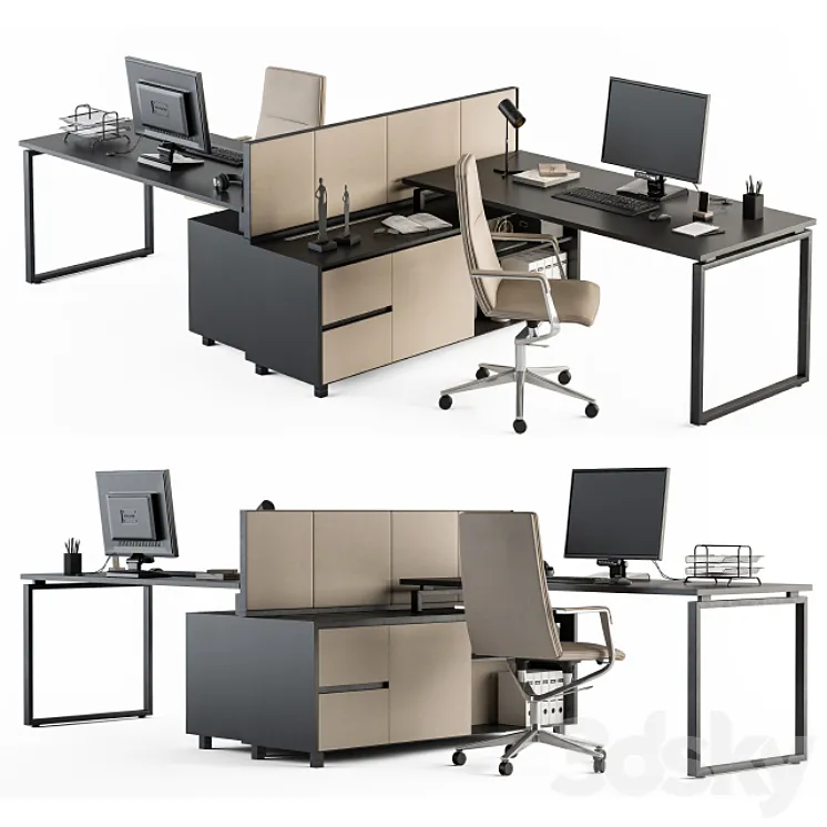 Office Furniture - employee Set Cream and Black 38 3D Model Free
