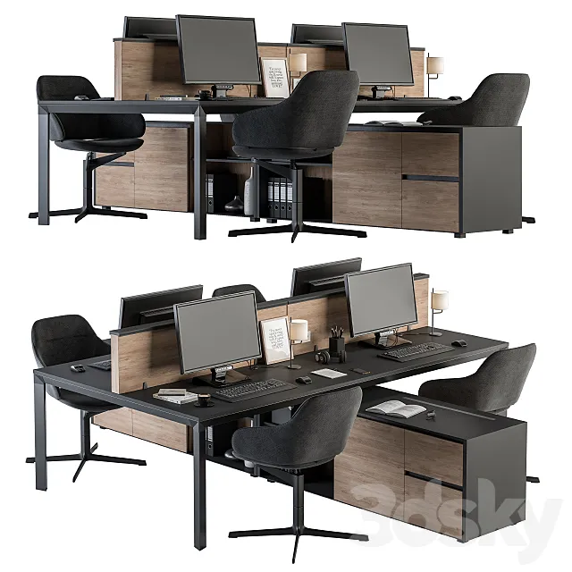 Office Furniture - employee Set Wood and Black 37 3D Model