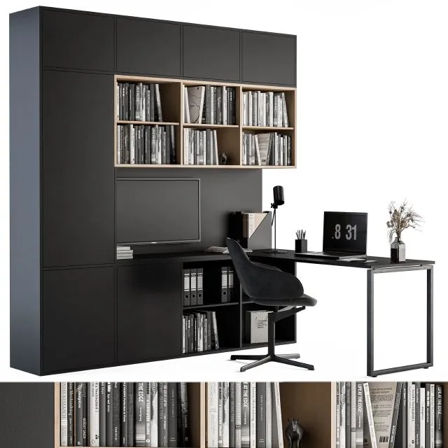 Office Set L Desk With Bookcase 3D Model