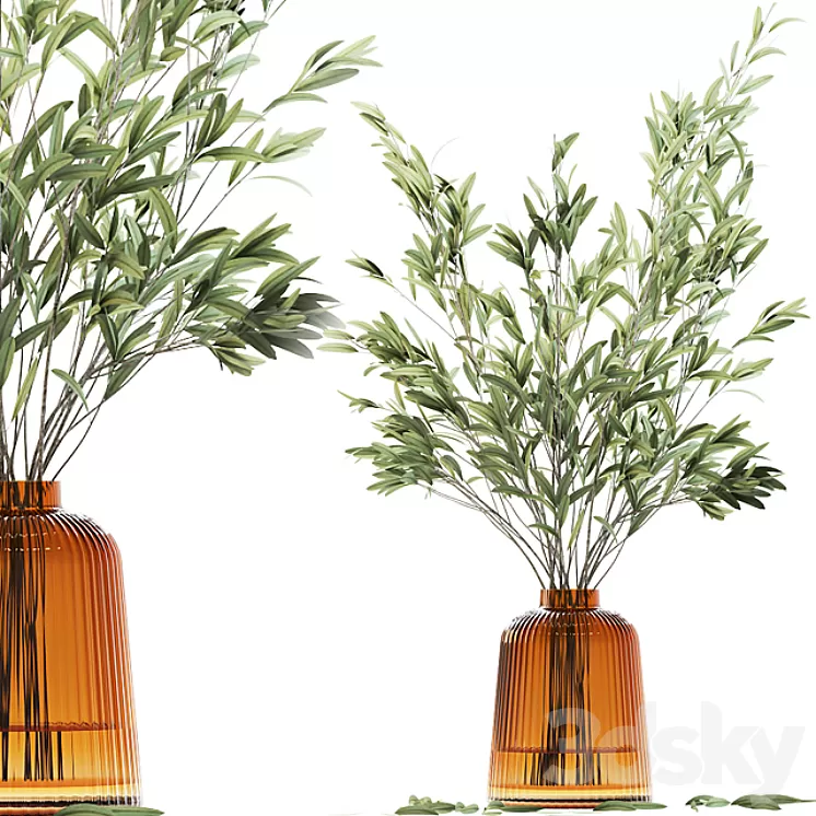 Olive stems in yellow glass vase with water 3D Model