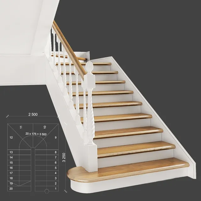 other-models - Classic two-march staircase with staggered steps 3D Model