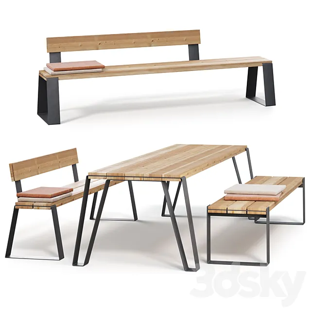 Outdoor furniture VONK table and benches 3D Model