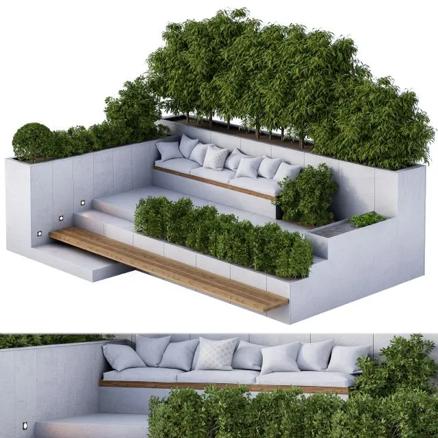 Outdoor garden set bush and tree and bench 3D Model
