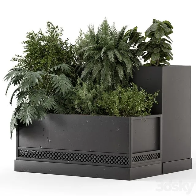 Outdoor Plant Box in rusty Concrete Pot on Metal Shelf - Set 1453 3D Model