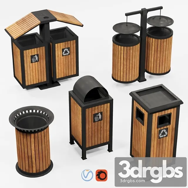 Outdoor Wooden Trash Bins 3D Model Free