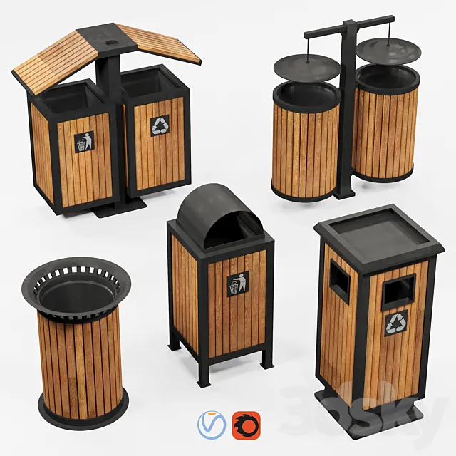 Outdoor wooden trash bins 3D Model