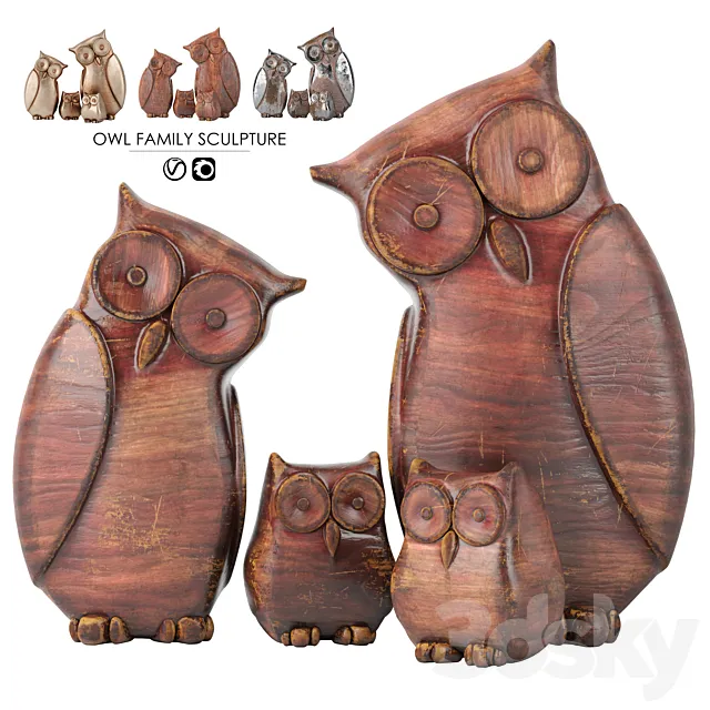 Owl Family Sculpture 3D Model