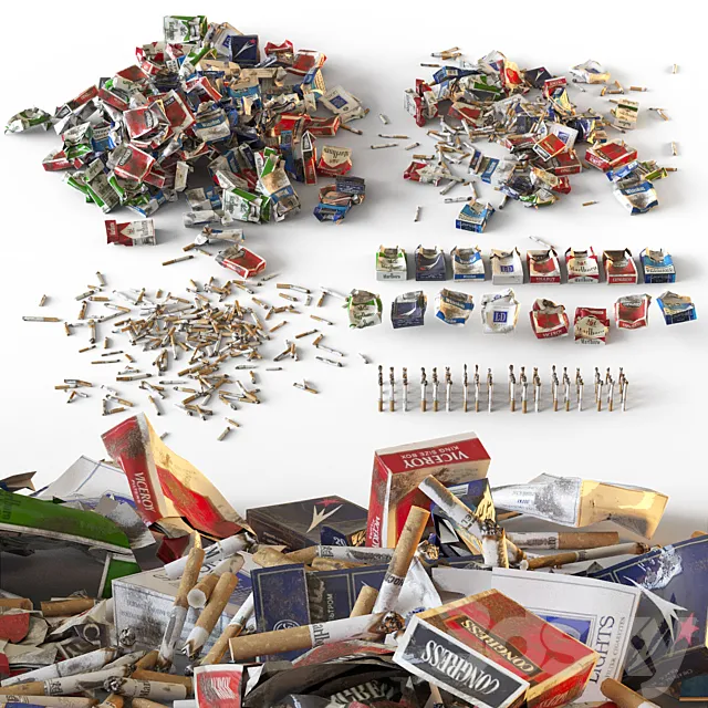Packs of cigarettes and cigarette butts 3D Model