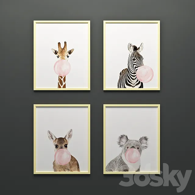 Paintings with funny animals 3D Model