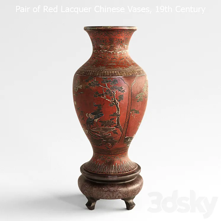 Pair of Red Lacquer Chinese Vases 3D Model Free