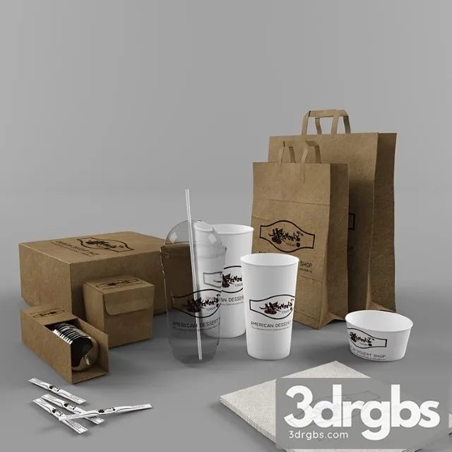Paper bags and cups and packaging for cafe 3D Model Free