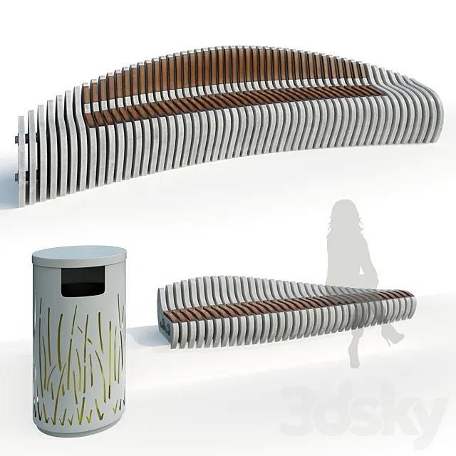 Parametric bench 2 options. Trash bin. Urban environment 3D Model