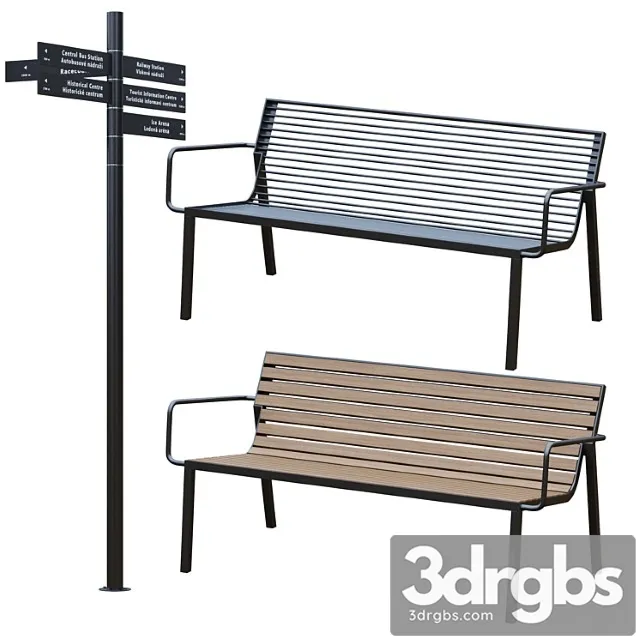 Park Benches Urna And Direction Signs From Mmtsite 3D Model Free