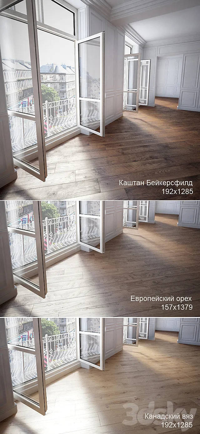 Parquet 3 species: European walnut Canadian elm chestnut Bakersfield 3D Model