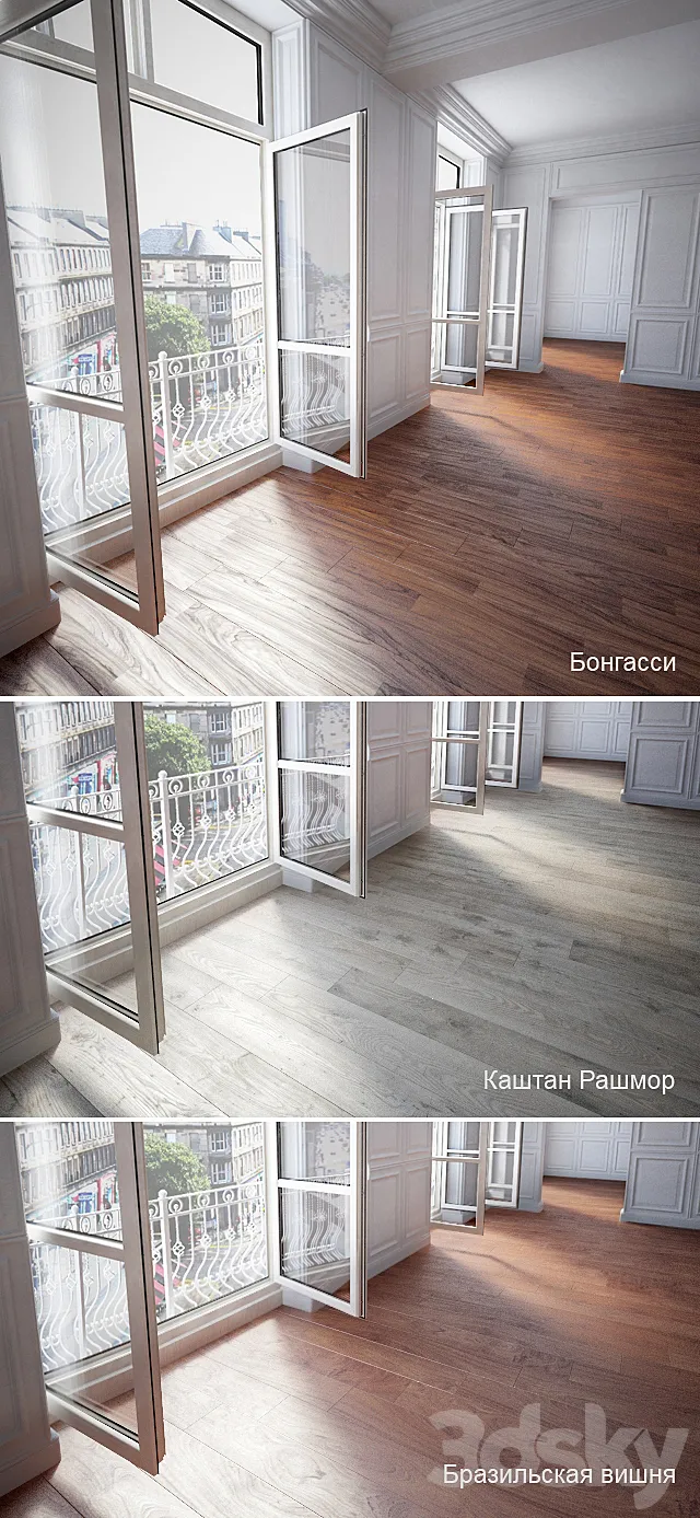 Parquet 3 types: Bongassi. Chestnut Rushmore. Brazilian Cherry 3DModel