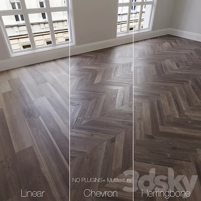 Parquet natural ancient oak 3 types. Linear chevron herringbone. 3D Model