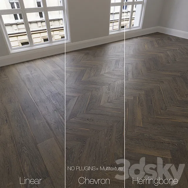 Parquet natural Brown oak 3 types. Linear chevron herringbone. 3D Model