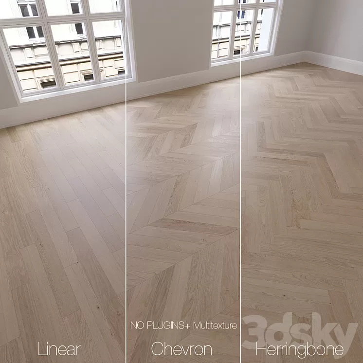 Parquet natural oak Sapphire 3 types. Linear chevron herringbone.