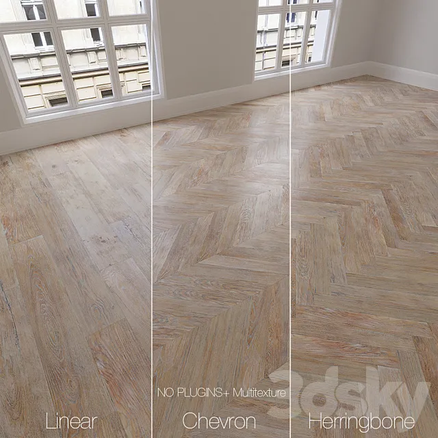Parquet natural oak Scandinavian 3 types. Linear chevron herringbone. 3D Model