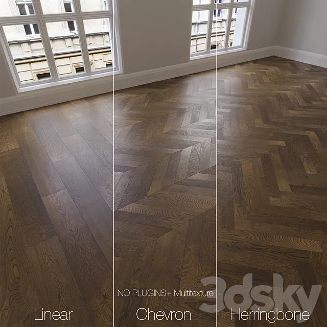 Parquet natural oak smoked 3 kinds. Linear chevron herringbone. 3D Model