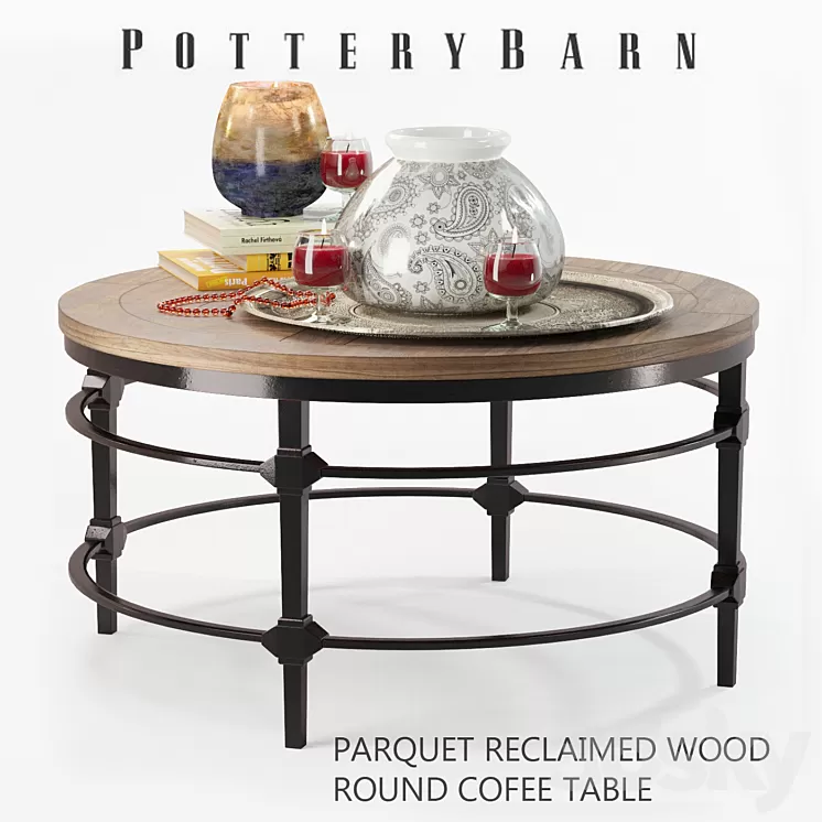 Parquet reclaimed wood round coffee table with decor 3D Model