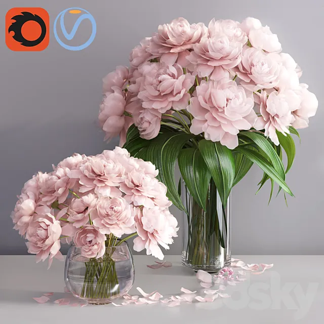 pastel pink peonies in 2 glass vases set 3DModel