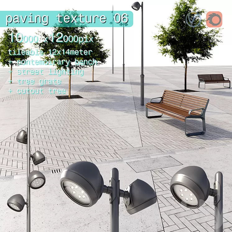 Paving concrete plates mix HR / street furniture 06 3D Model