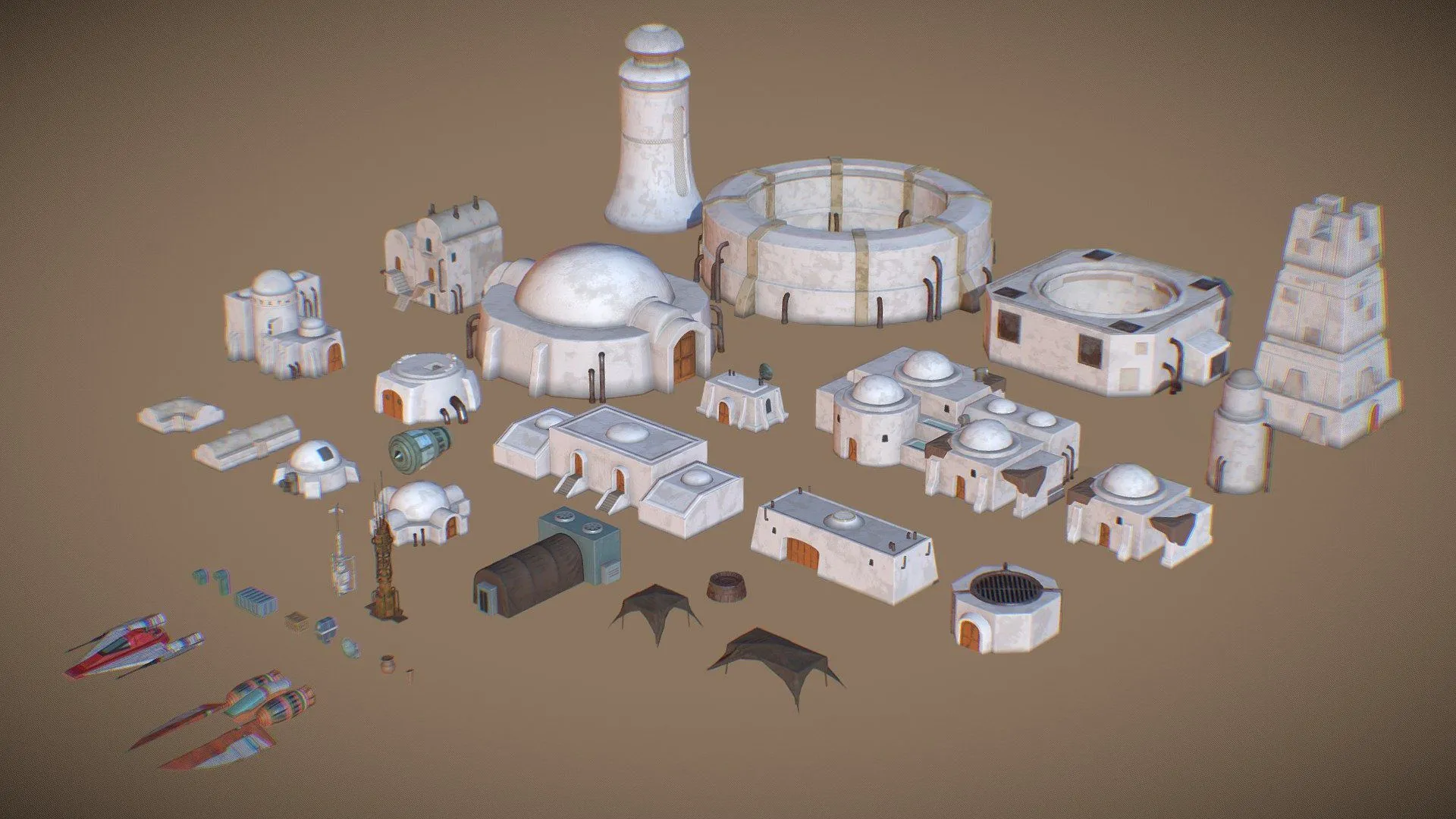PBR Game 3D Models - 3D Lowpoly Star Wars Tatooine Houses Set