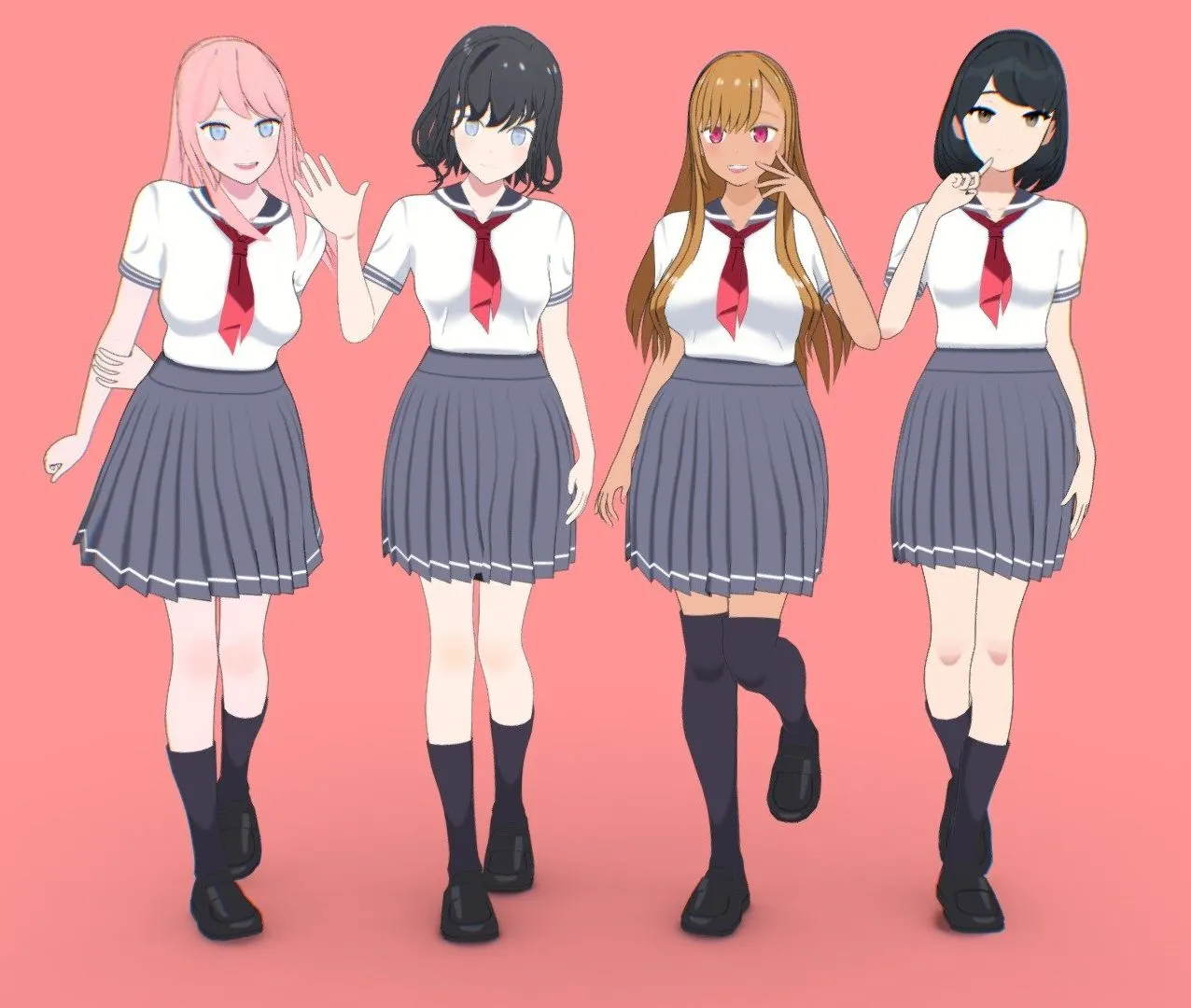 PBR Game 3D Models - Anime Student Girls 3D Collection