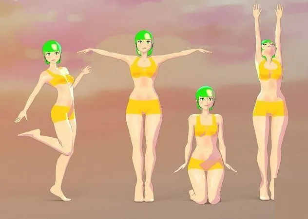 PBR Game 3D Models - AnimeGirl3 woman in orange bikini