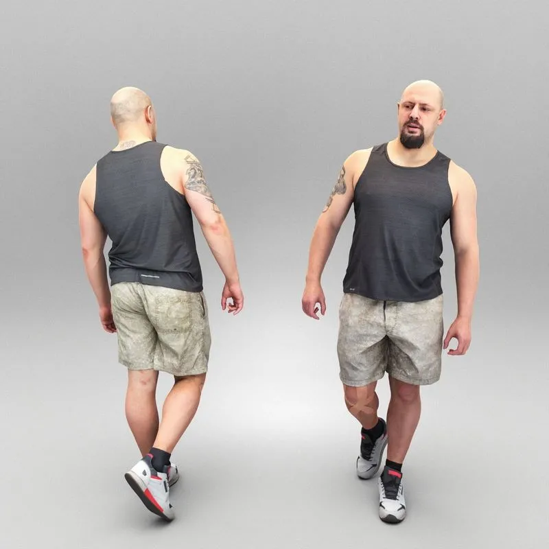 PBR Game 3D Models - Bald athletic man walking 376