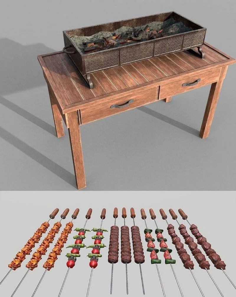 PBR Game 3D Models - Barbeque Meat and Vegetables
